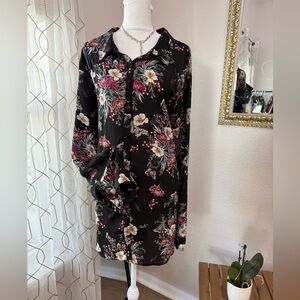 Torrid black floral button down tunic blouse 3x Boho romantic long sleeve top